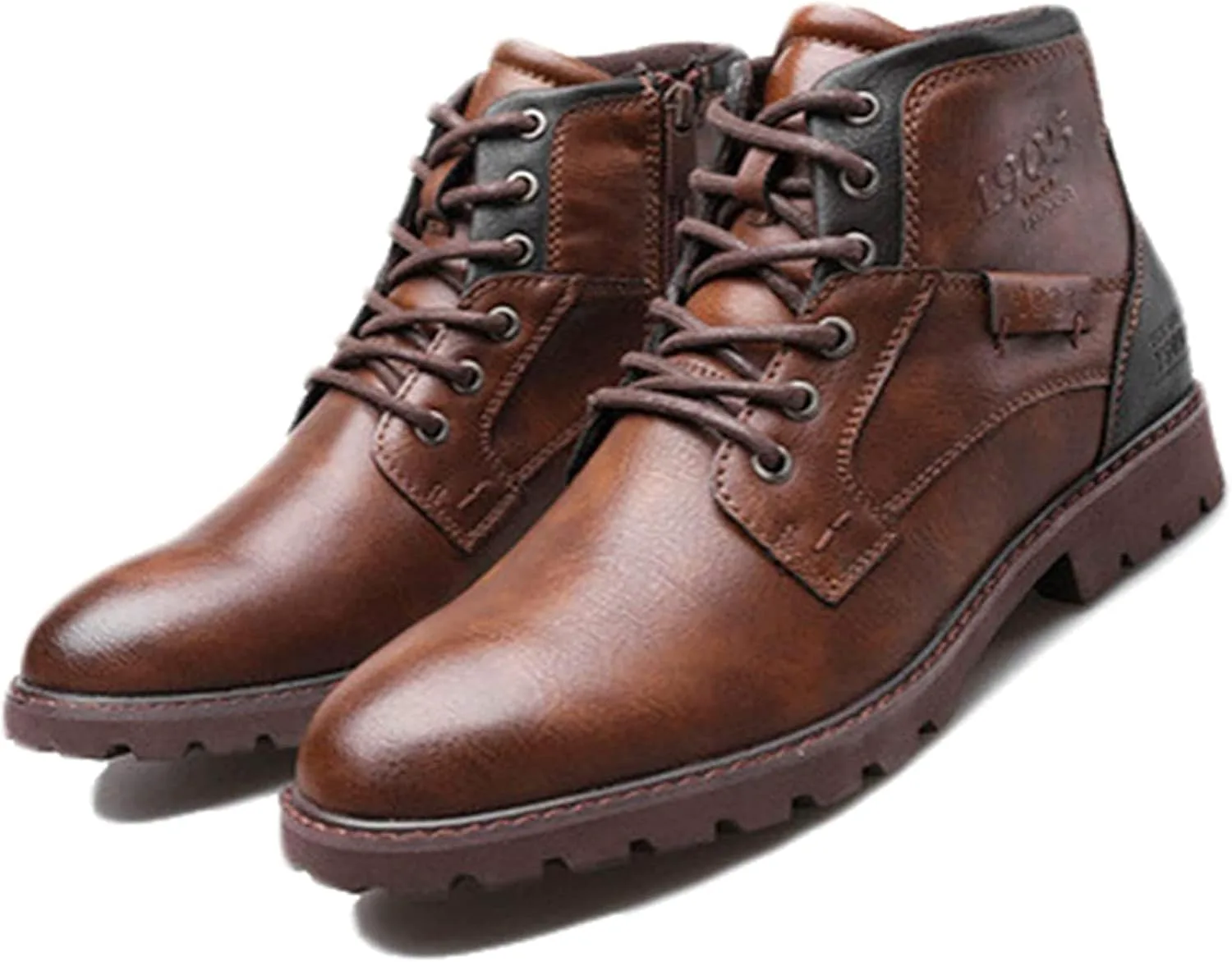 

Мужские зимние ботинки Yiozoi с шнуровкой, боковой молнией, короткие походные кожаные ботинки для повседневной носки, удобные высокие, коричневый