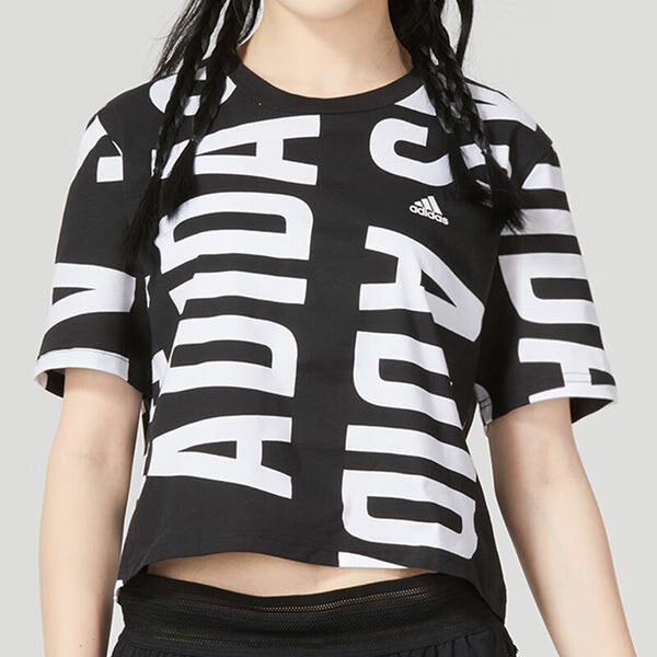 Футболка (WMNS) Adidas Essentials Oversized Allover Print Cropped T-Shirt 'Black White', черный — фото 3