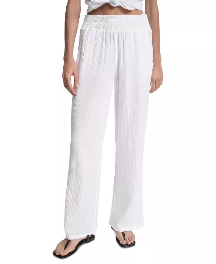 

Укороченные хлопковые брюки на резинке со сборкой на талии DKNY Jeans, белый