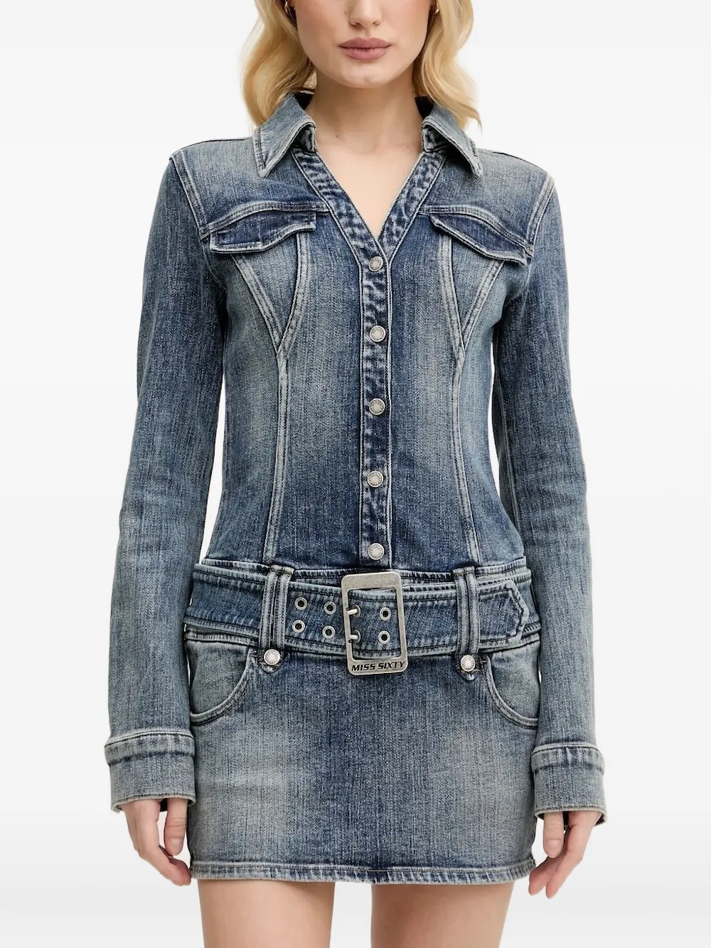 

Мини-платье из денима с поясом Miss Sixty, синий