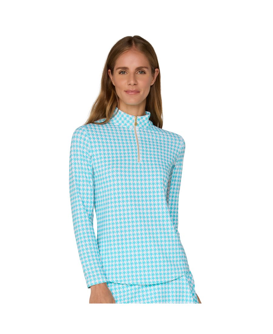 

Топ с длинными рукавами и воротником-стойкой от G Lifestyle G Lifestyle Clothing, Carib. Turq houndstooth