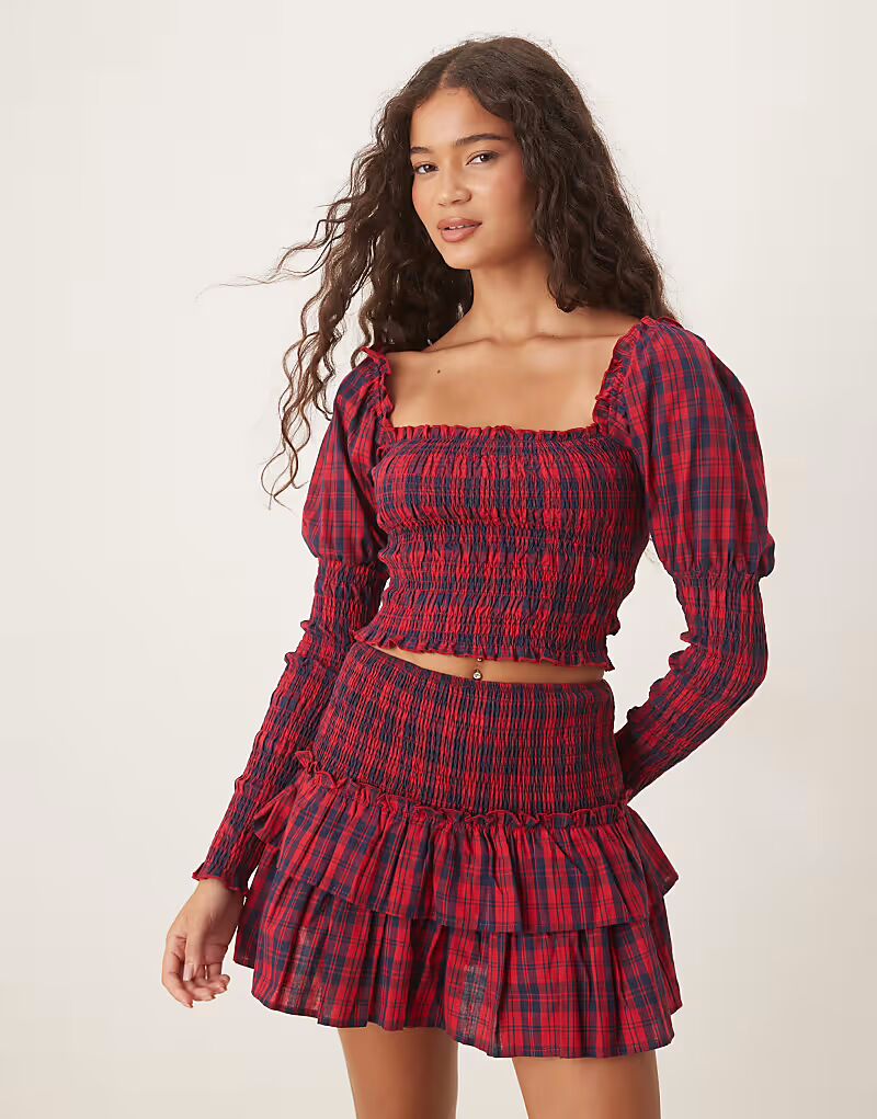 

Топ с рюшами и рукавами-фонариками в бордовую клетку Kiss The Sky