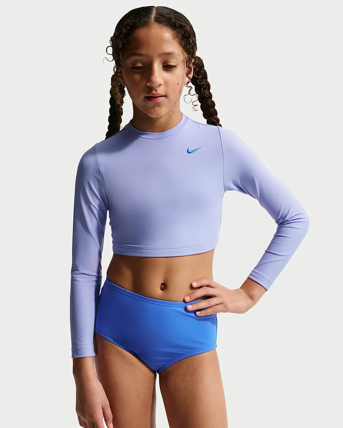 Детский (девочки) длинный рукав кроп-топ и высокая талия сет Nike Swim Effortless Essential, Light Thistle — фото 2