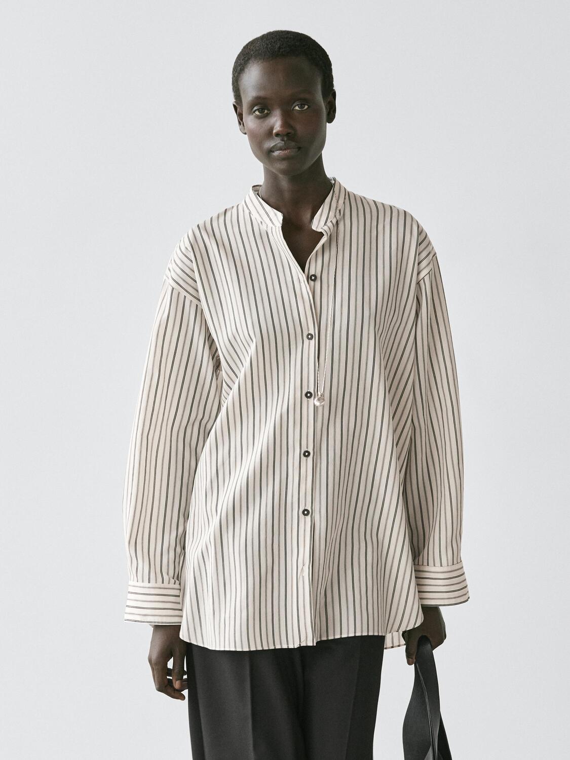 Летящая рубашка в полоску со стойкой Massimo Dutti, off white — фото 3