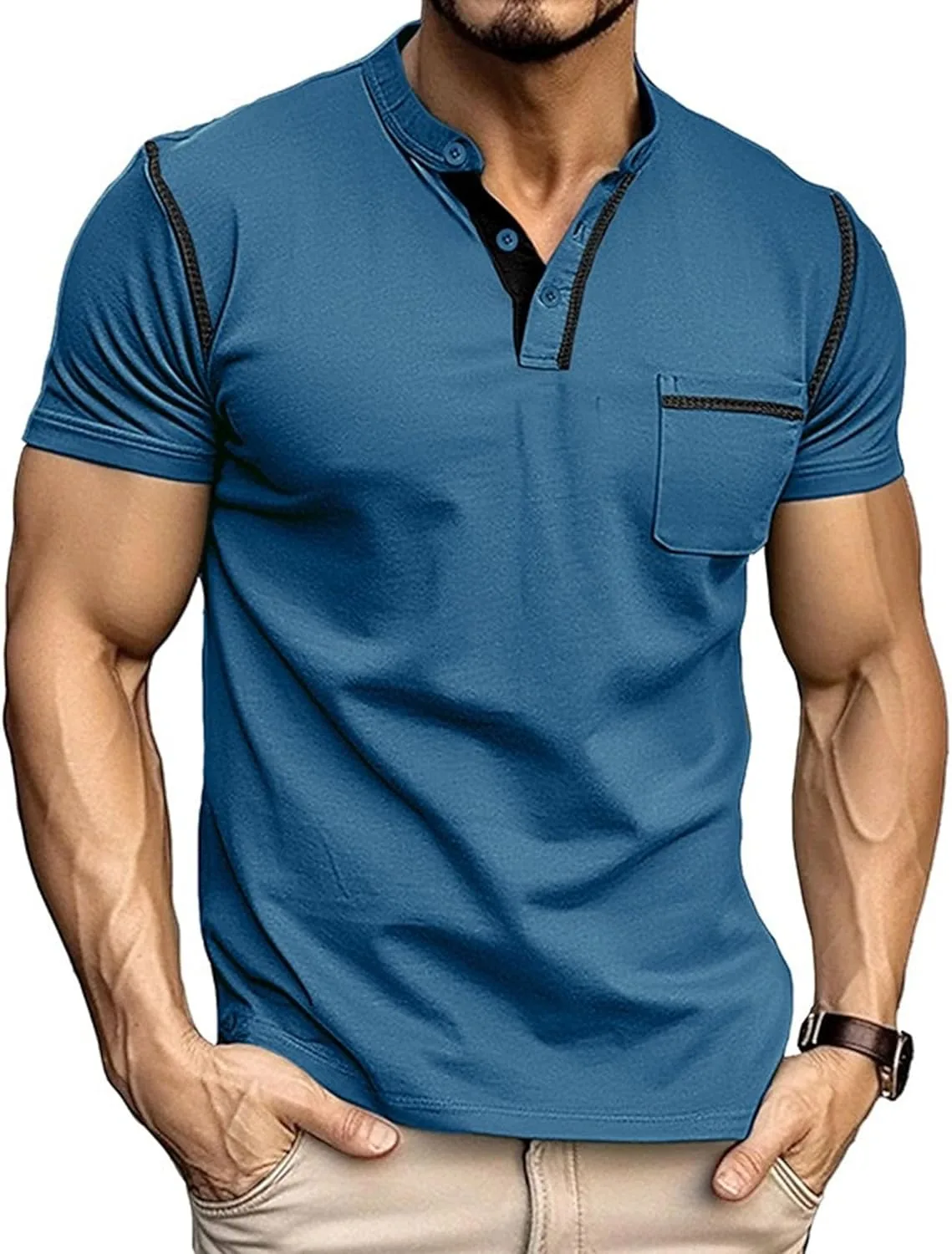 

Мужская футболка с карманом и четвертью пуговиц Henry Shirts для повседневной носки Zylphorix