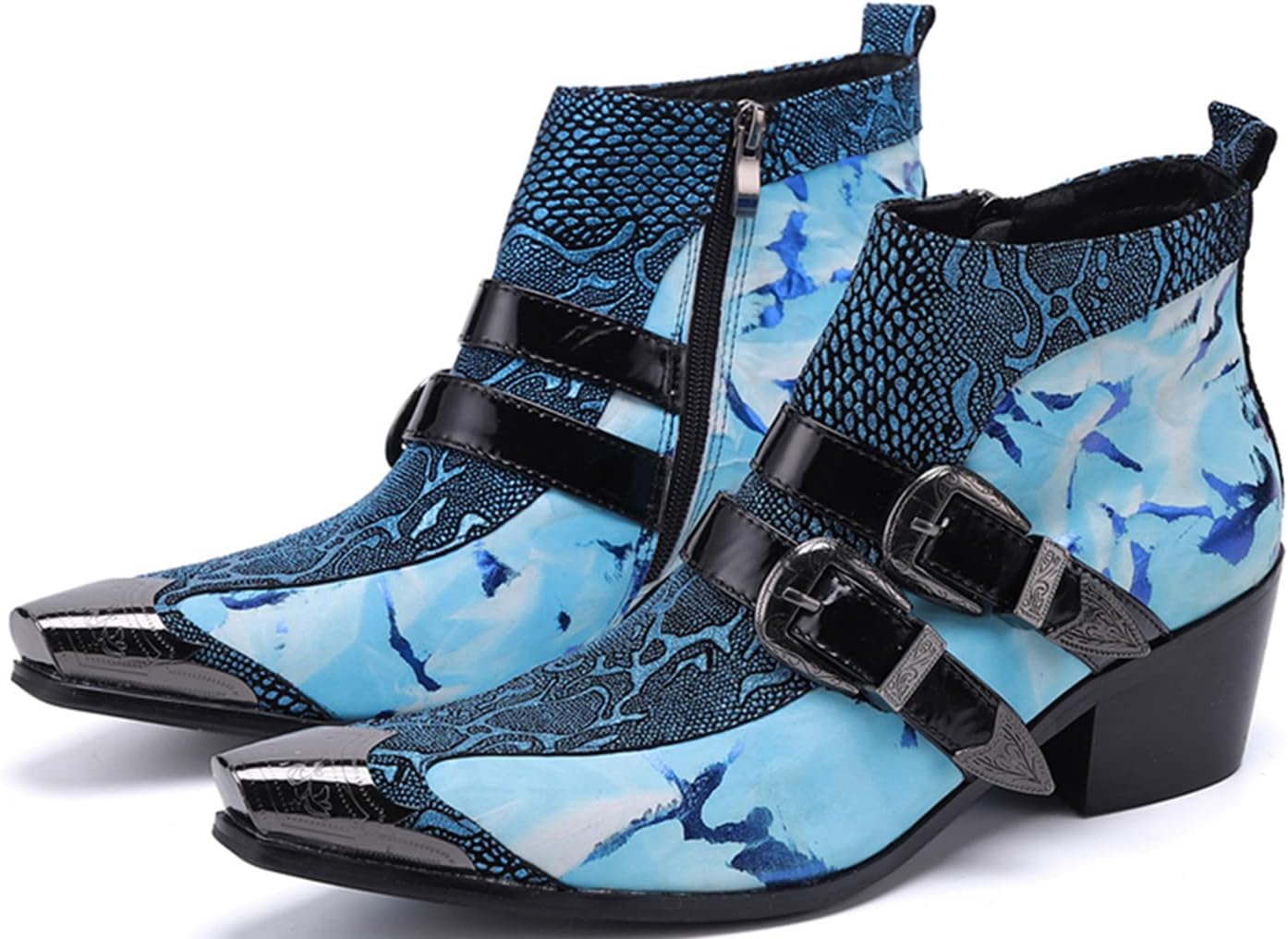 

Мужские ботинки Chelsea Santimon - настоящая кожа, западные ботинки до щиколотки с металлическим носком, молнией и пряжкой - двухцветные ботинки для торжеств и повседневной носки, для вечеринки, диско и выступлений, синий