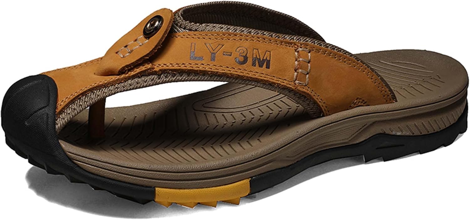 

Мужские премиальные кожаные вьетнамки Vtiao, летние модные сандалии, вьетнамки с толстой подошвой и защитой носка, нескользящие, износостойкие и долговечные, подходят как для дома, так и для улицы, желтый/золотой