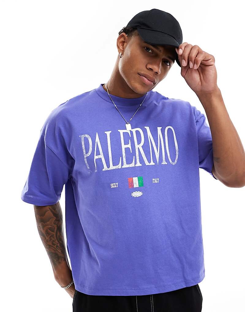 

Синяя объемная футболка свободного кроя с принтом Palermo спереди ASOS DESIGN