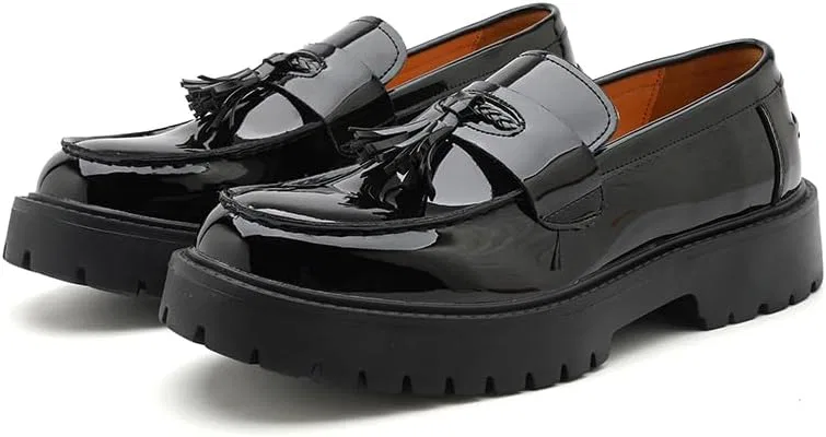 Лоферы кожаные, лакированные, на платформе, повседневные деловые, Men's Patent Leather Tassel Loafers, Black ZCZ