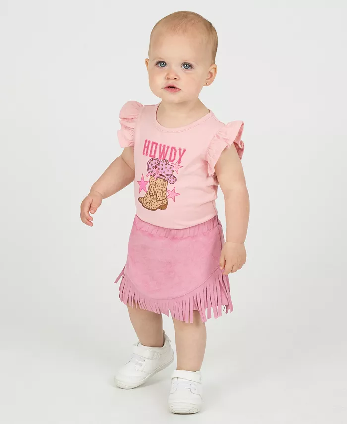 

Комплект для девочки: боди с принтом ковбойки и юбка с бахромой, 2 предмета Rare Editions