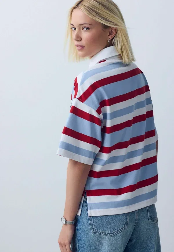 Футболка поло Next, Regular fit short sleeve striped rugby polo shirt, красный синий белый — фото 2