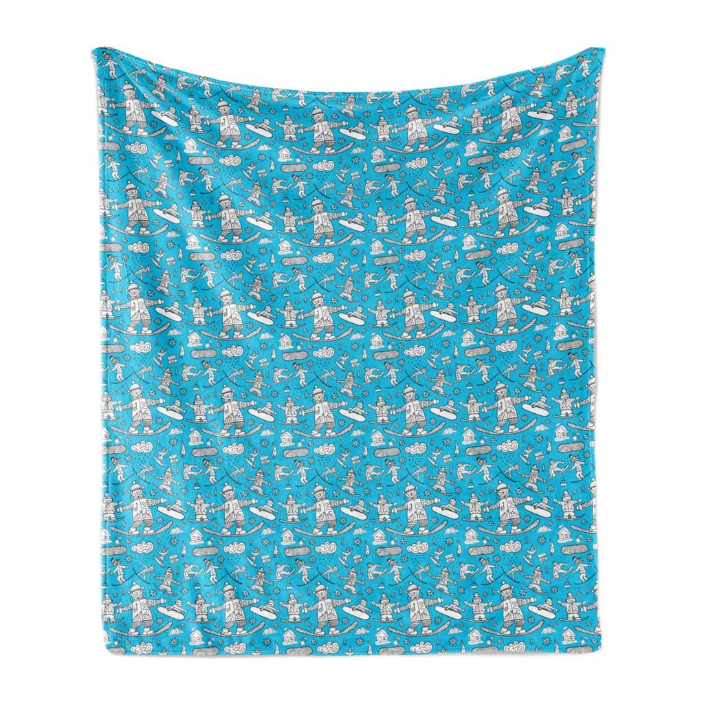 

Мягкое фланелевое флисовое одеяло ABAKUHAUS Ski Pattern, детский рисунок в зимнем стиле с изображением людей и медведей, катающихся на сноуборде, 175 x 230 см, небесно-голубой и белый