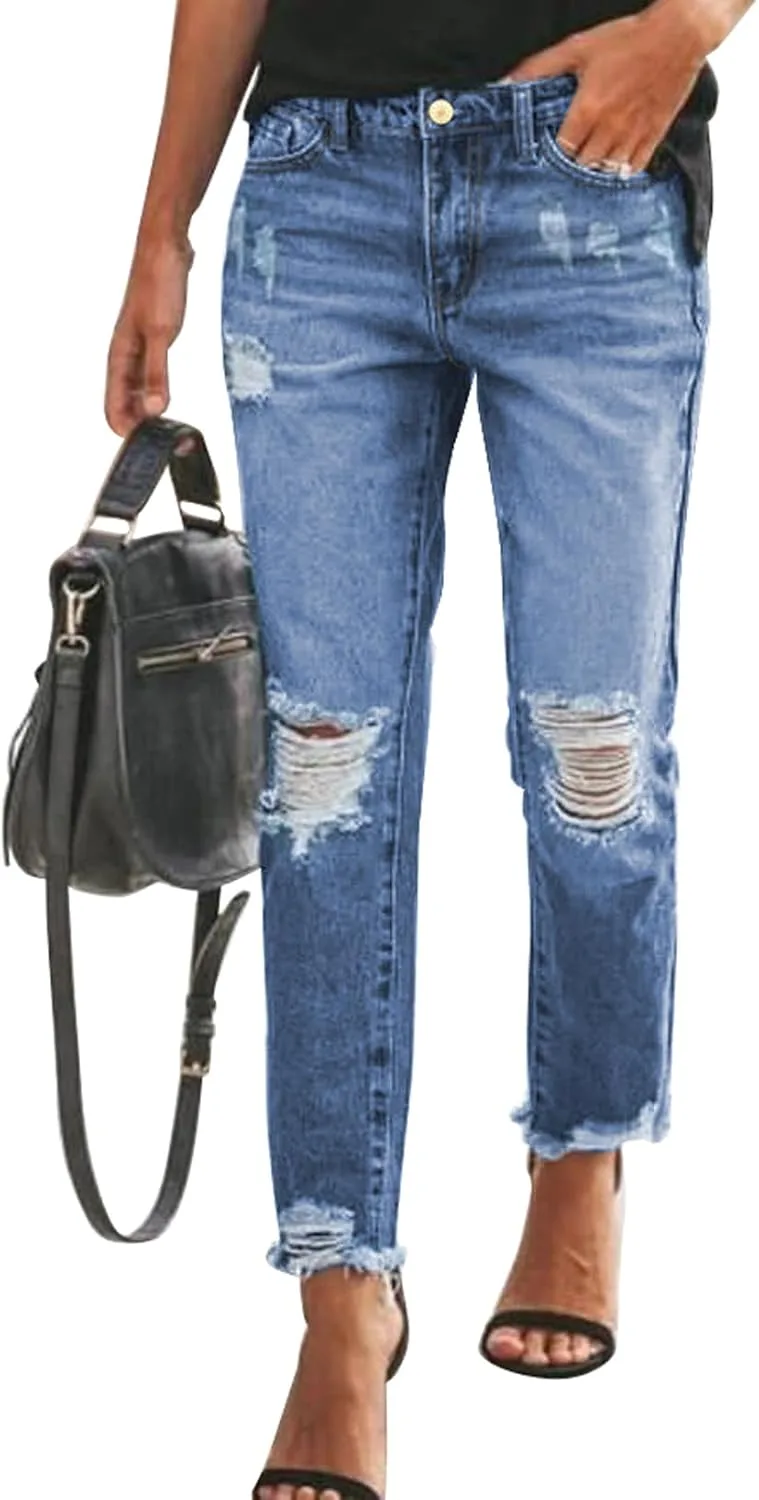 

Sidefeel Women's Boyfriend Jeans Stretchy Ripped Distressed Zimbaplatinum