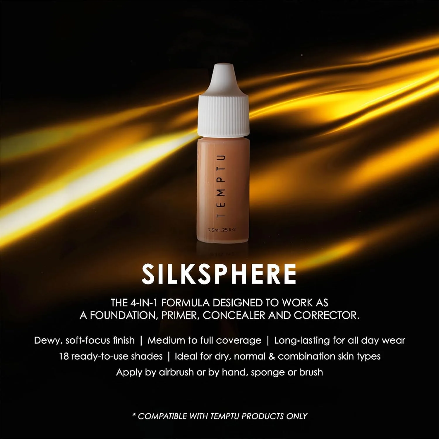 Тональная основа TEMPTU SilkSphere Airbrush: стойкая жидкая косметика, среднее и полное покрытие, 4-в-1 формула тональная основа, праймер, консилер и корректор, сияющий, росистый финиш, 18 оттенков 1,2 мл (6 шт.), Fair/Light Set — фото 3