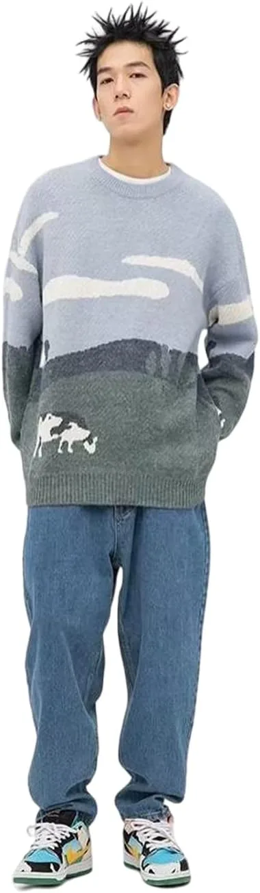 

Мужской свитер с узором "молочная корова" в ретро-стиле, ультра-большой, графитовый, вязаный, с длинным рукавом и круглым вырезом Ethbox