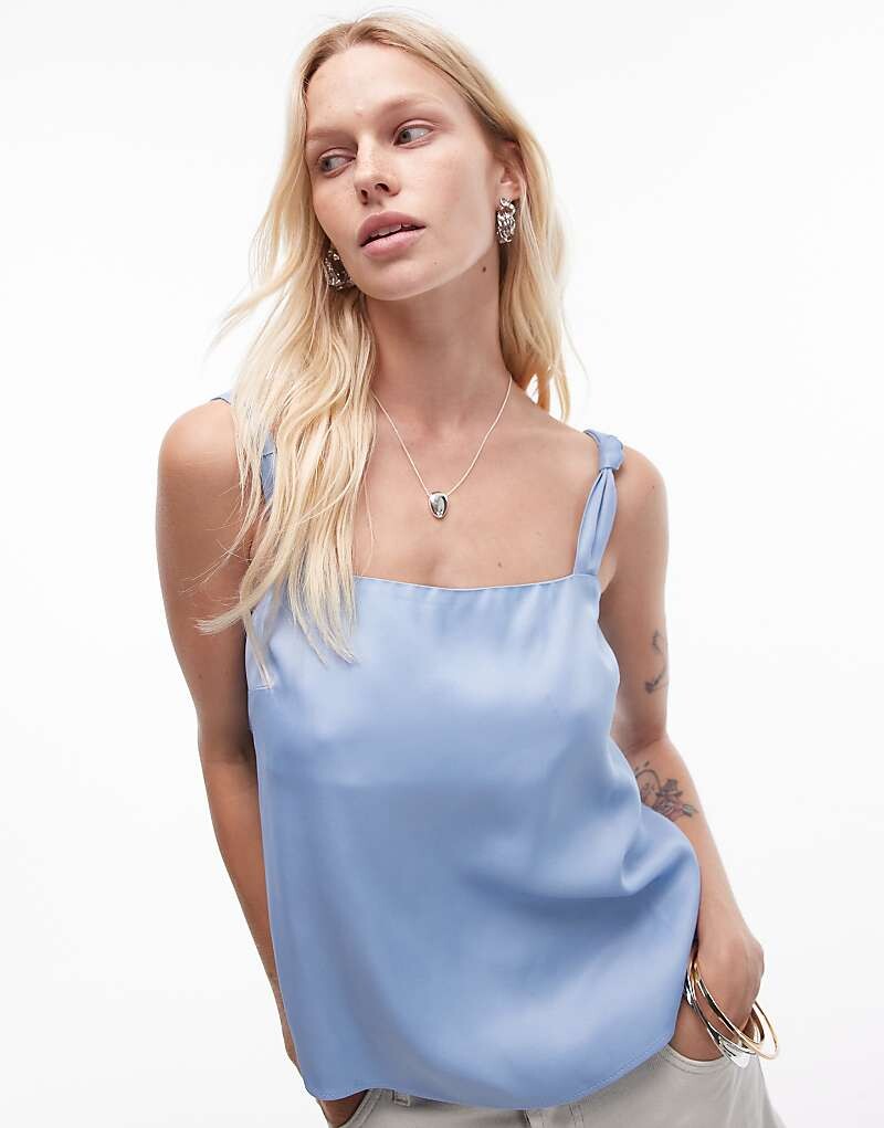 

Topshop – Майка синего цвета с завязанными бретелями и квадратным вырезом