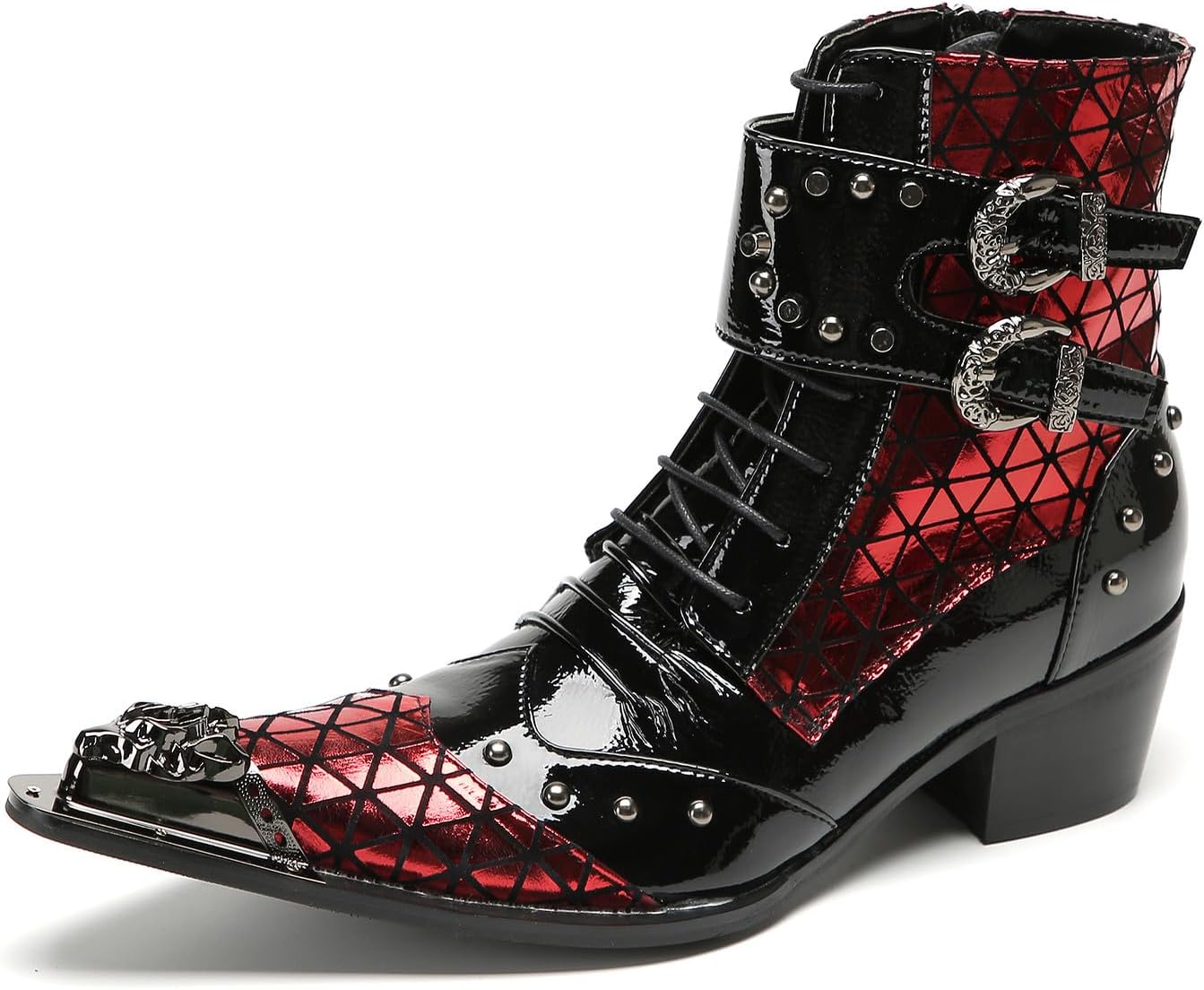 

Мужские готические панк-ботинки Santimon в западном стиле с пряжкой - настоящая кожа, металлический заостренный носок, ботинки на шнуровке с пряжкой и заклепками для клуба, вечеринки или сцены, красный