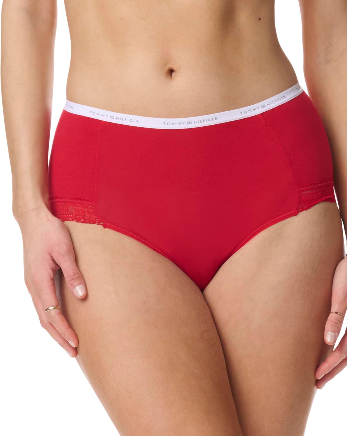 Женские трусы-слипы Tommy Hilfiger с логотипом на поясе, кружевной отделкой, 6 шт., Tango Red/Heather Grey/Sky Captain — фото 2