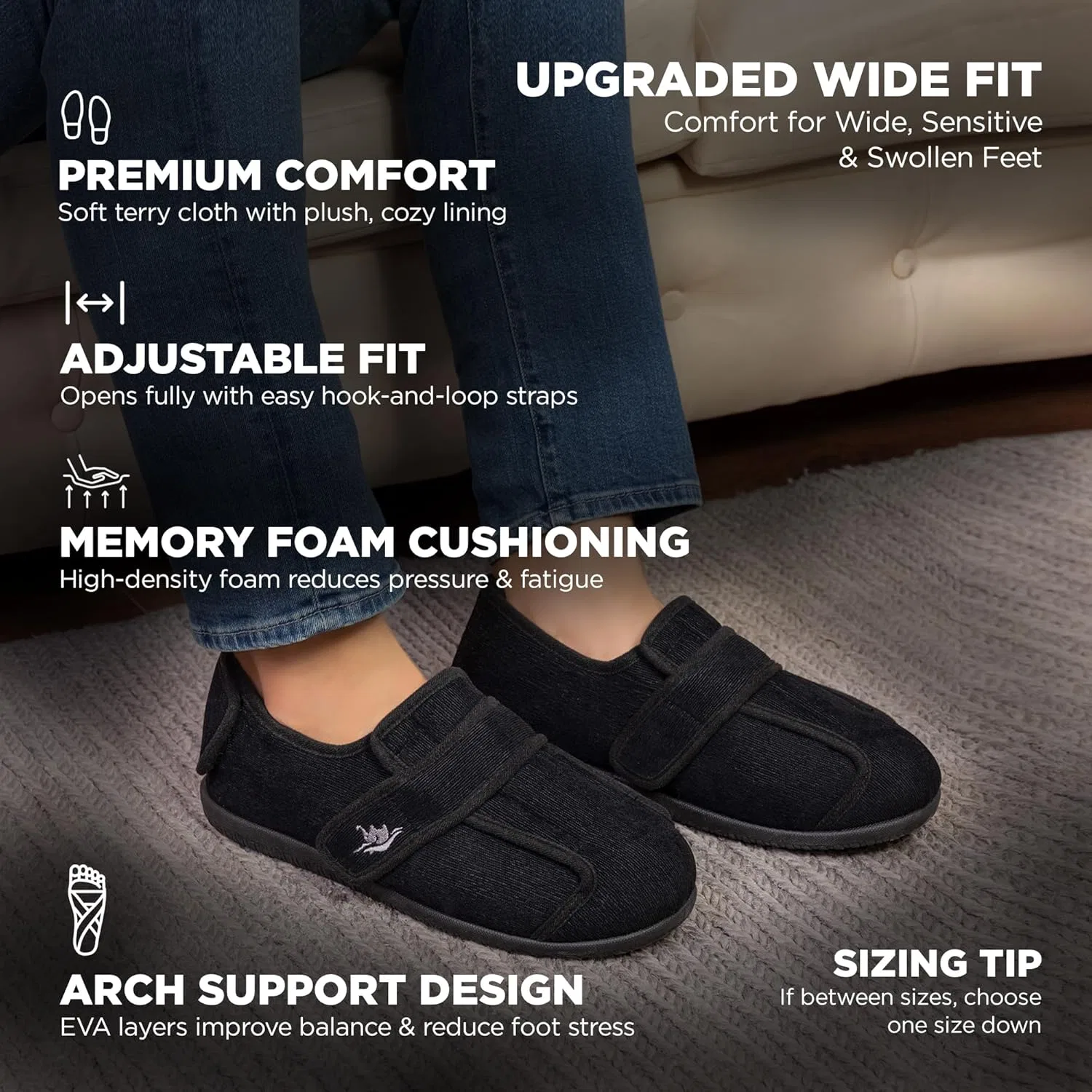 Тапочки широкие регулируемые, Memory Foam, Black EUROPEAN SOFTEST — фото 2