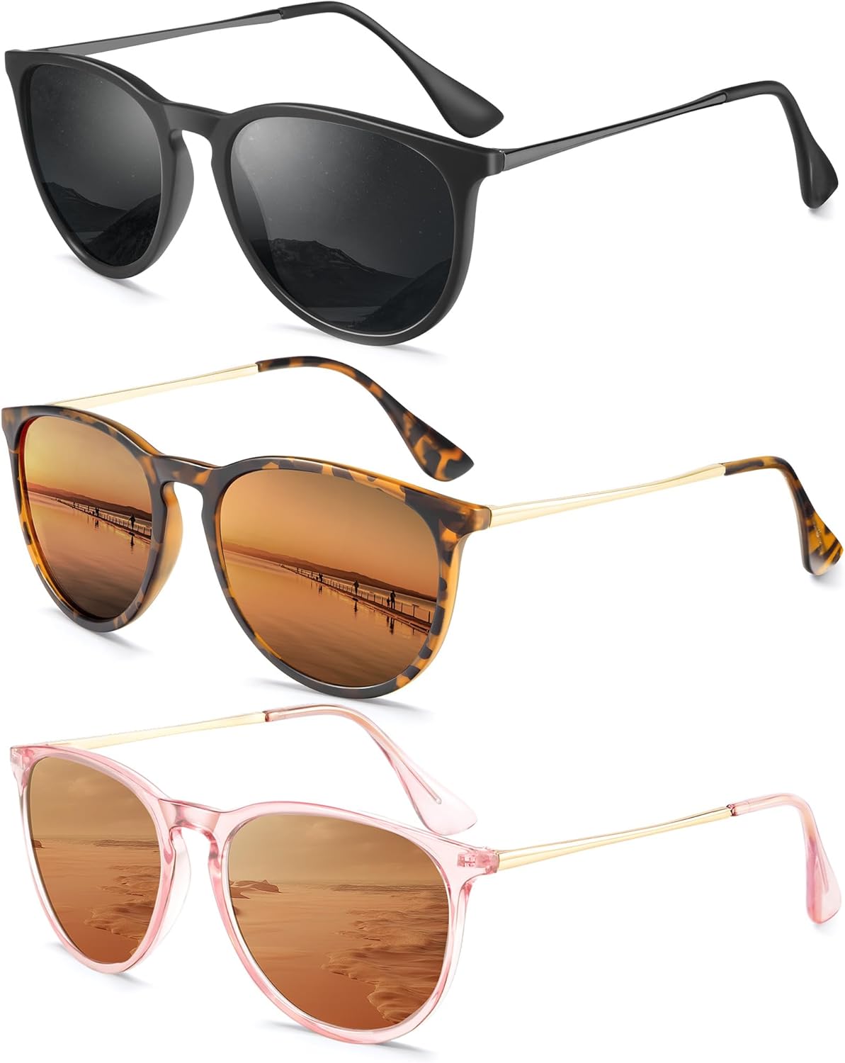 

Женские поляризованные солнцезащитные очки: ретро круглые солнцезащитные очки с защитой UV400, модный набор из 3 штук QALLY, Black/Grey + Matt Leopard/Brown + Crystal Pink/Brown