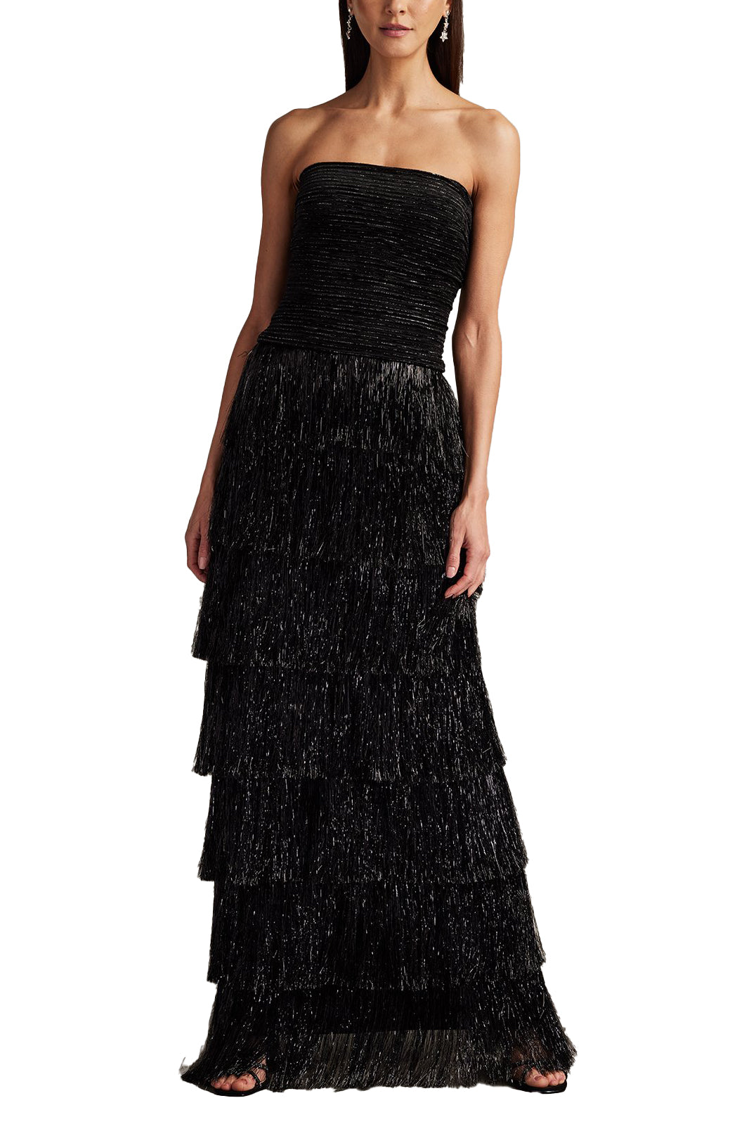

Шикарное платье с пайетками, бархатом и бахромой Tadashi Shoji, черный