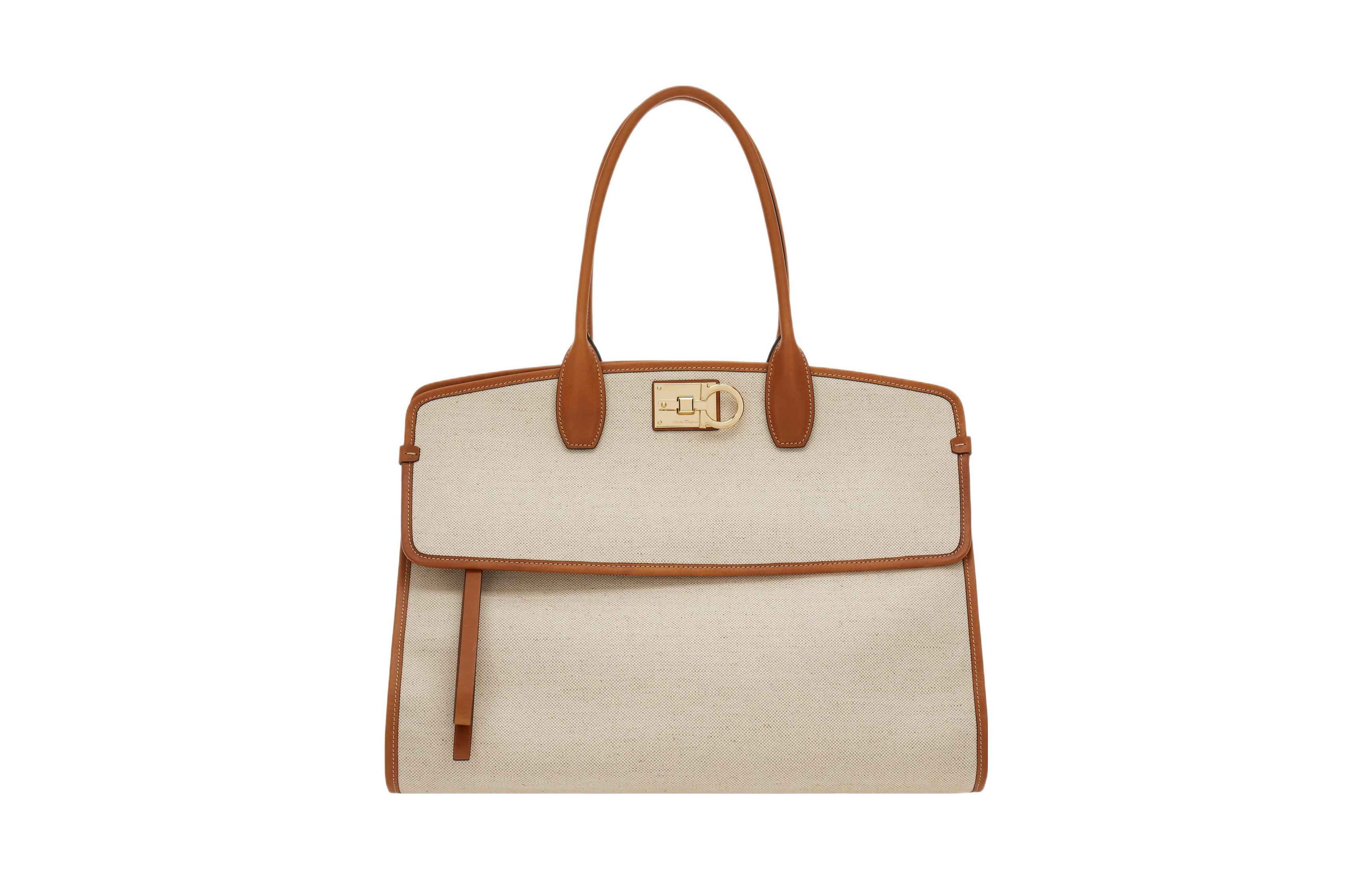 

Ferragamo Женская сумка через плечо из коровьей кожи с тканевыми вставками светло-коричневого цвета