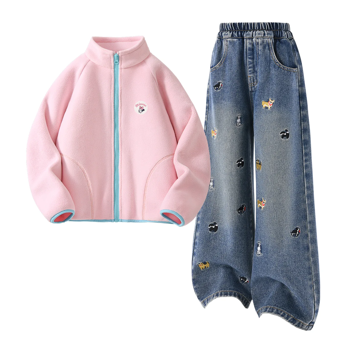 Детская повседневная спортивная одежда с лацканом Disney, Dini Zhong Round Hook-and-Loop K Rose Red+Solid Color Sea Salt Blue — фото 4