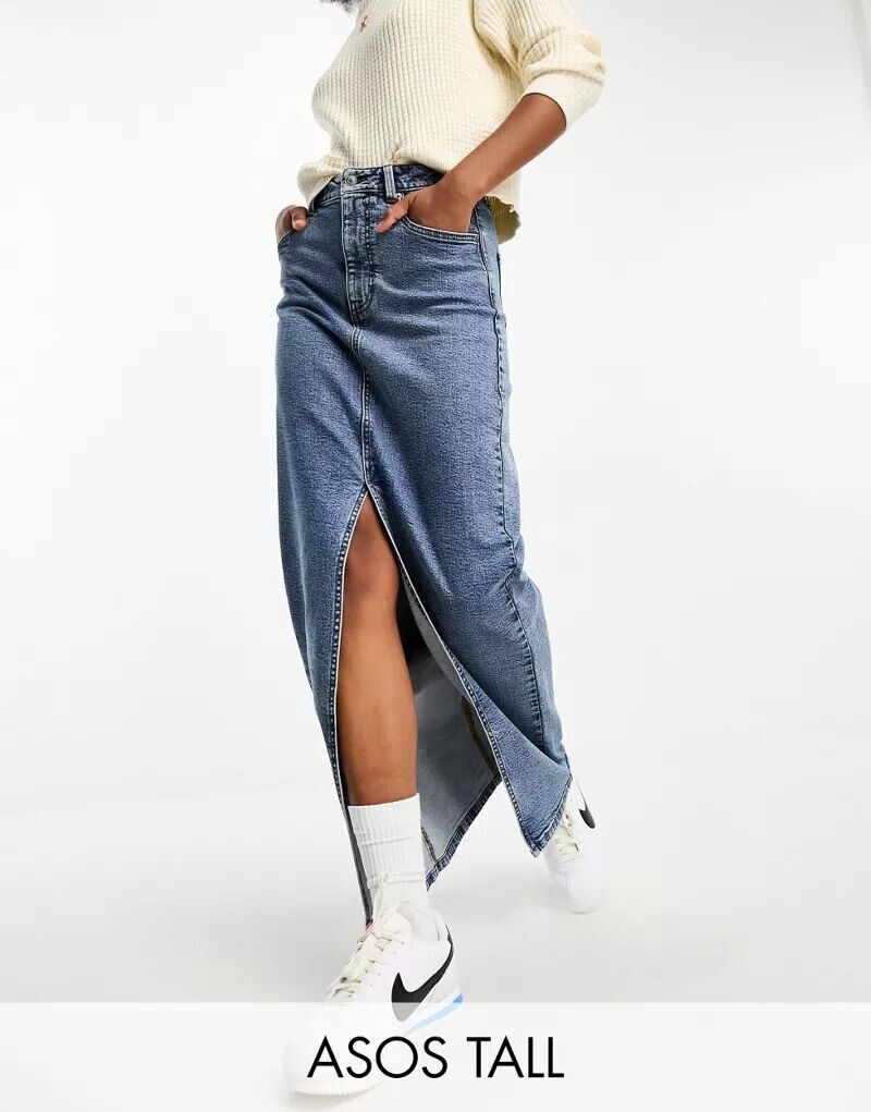 

Джинсовая юбка макси с разрезами средней степени стирки ASOS DESIGN Tall