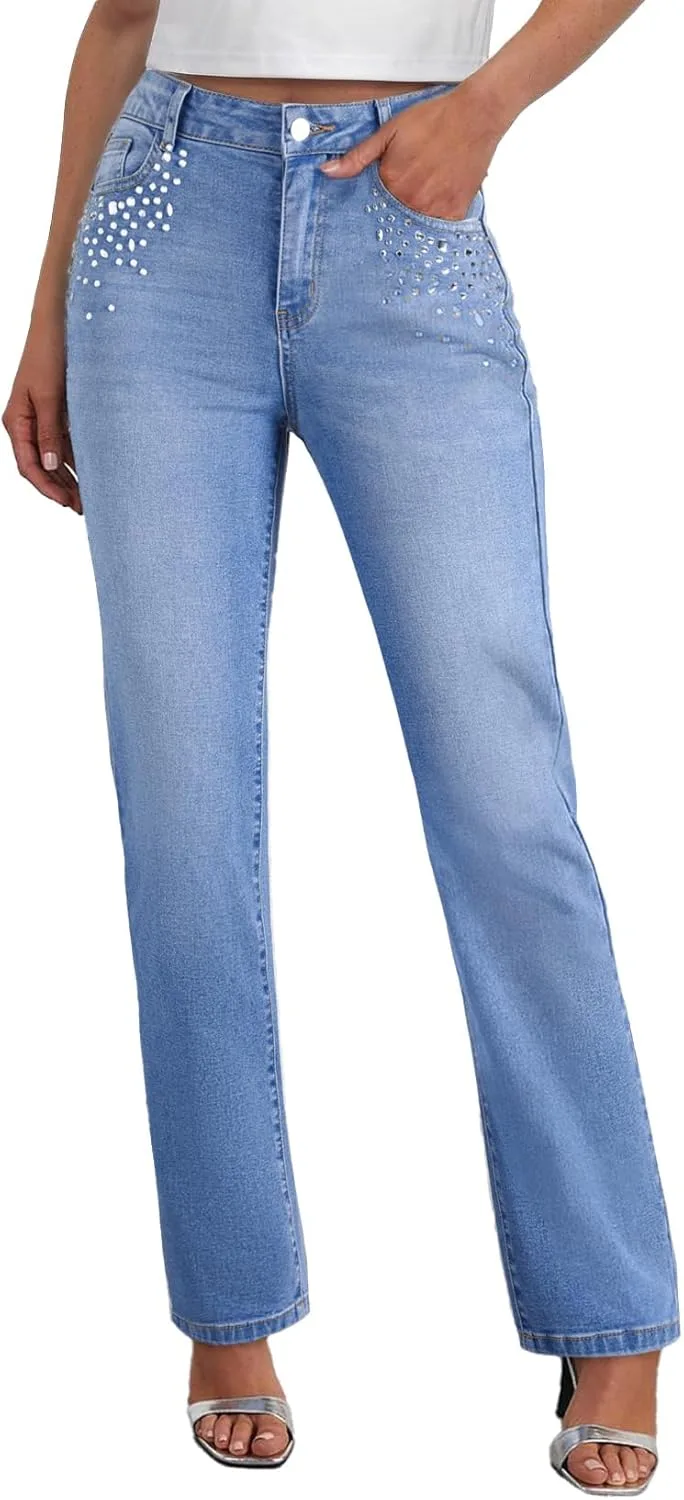 

Sidefeel Женские джинсы прямого кроя с высокой талией, стрейч, с пайетками, широкие