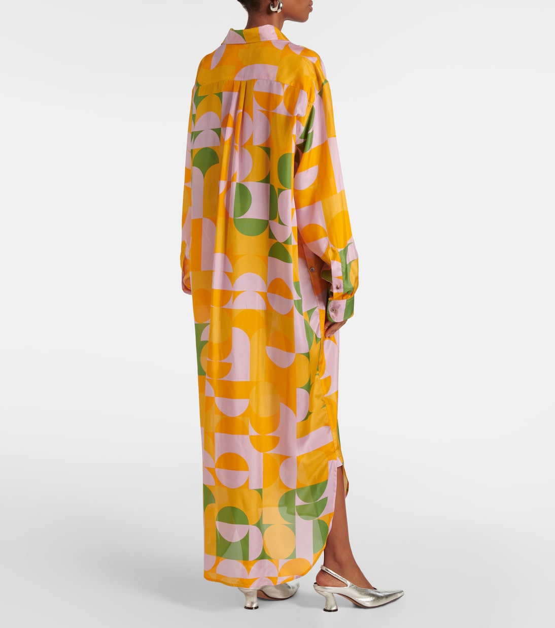 Платье-рубашка из шелкового эпонжа с принтом Dries Van Noten, оранжевый — фото 3