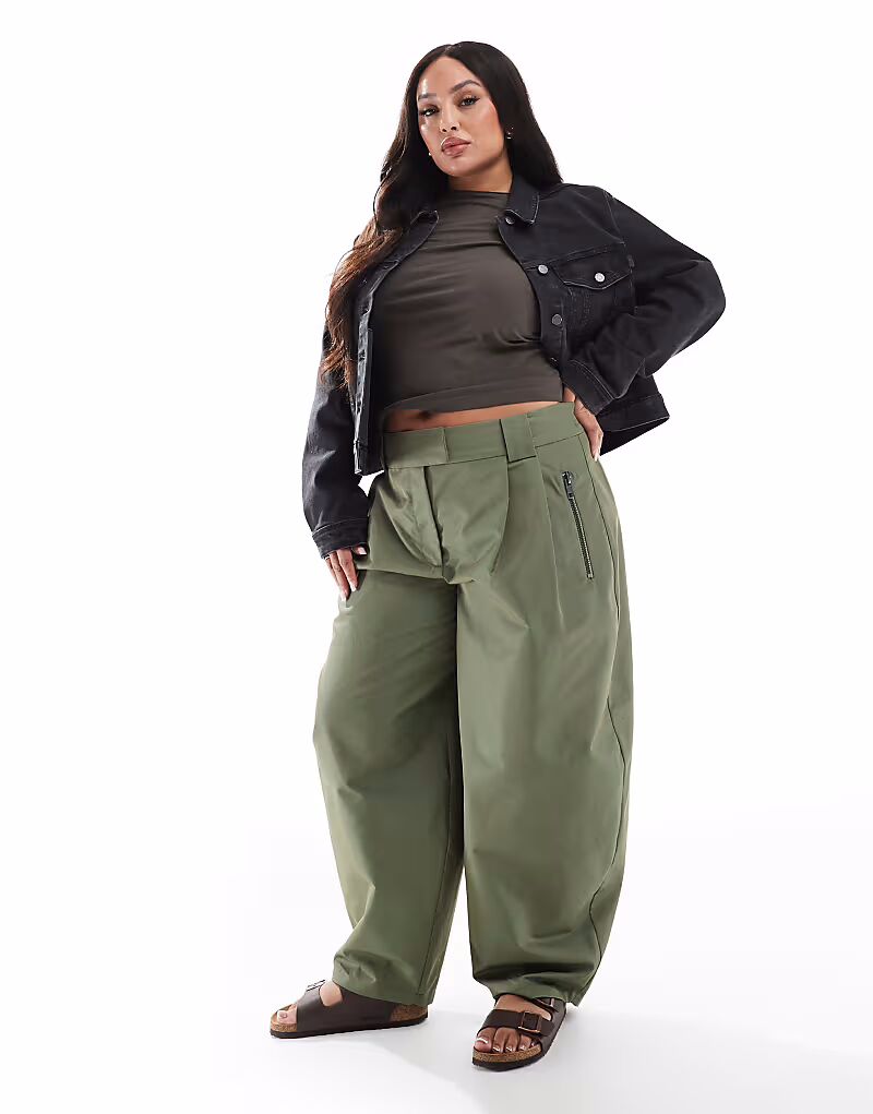 

Брюки ASOS DESIGN Curve с закругленными углами и молнией цвета хаки
