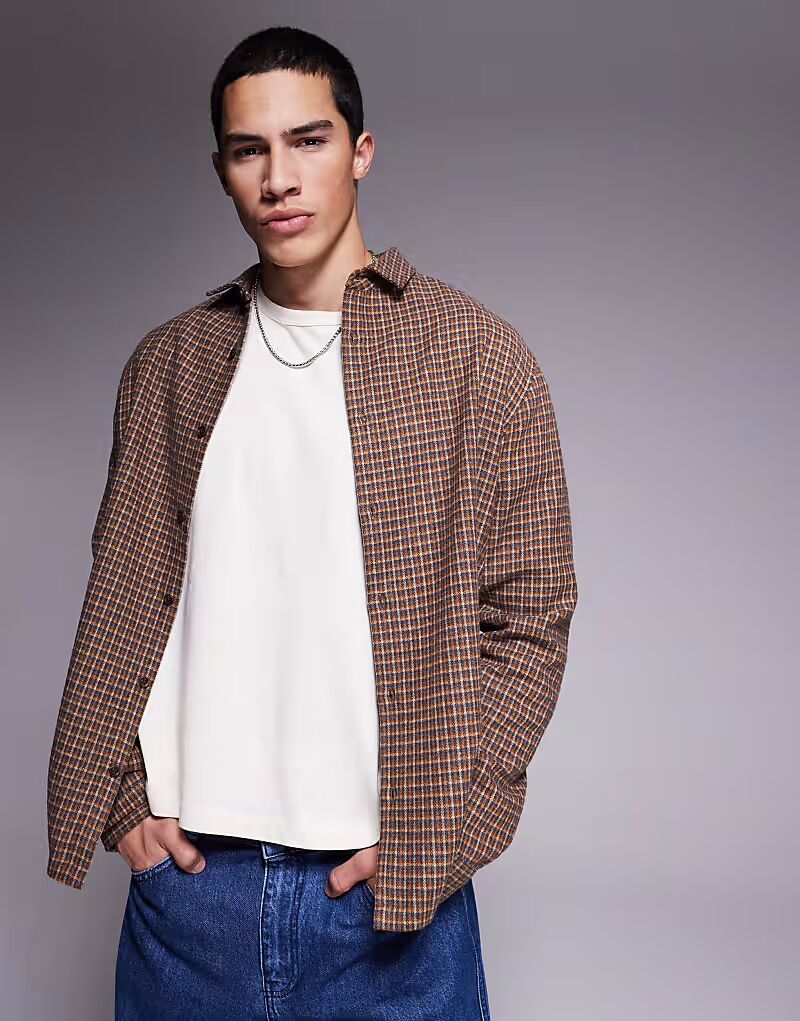 

Рубашка в клетку ASOS DESIGN коричневого цвета с эффектом шерсти