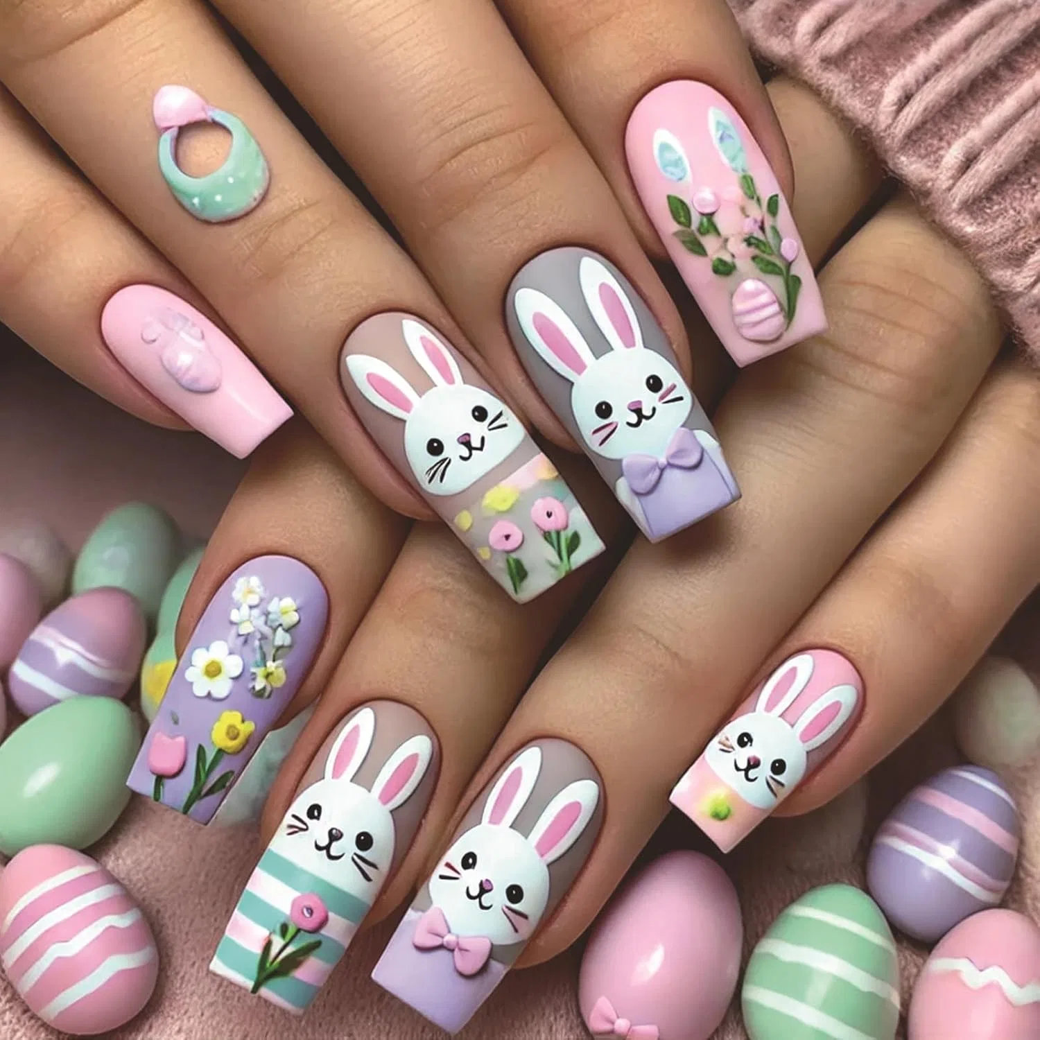 Накладные ногти на Пасху, короткие квадратные, с кроликом, 24 шт. Meaktsmi