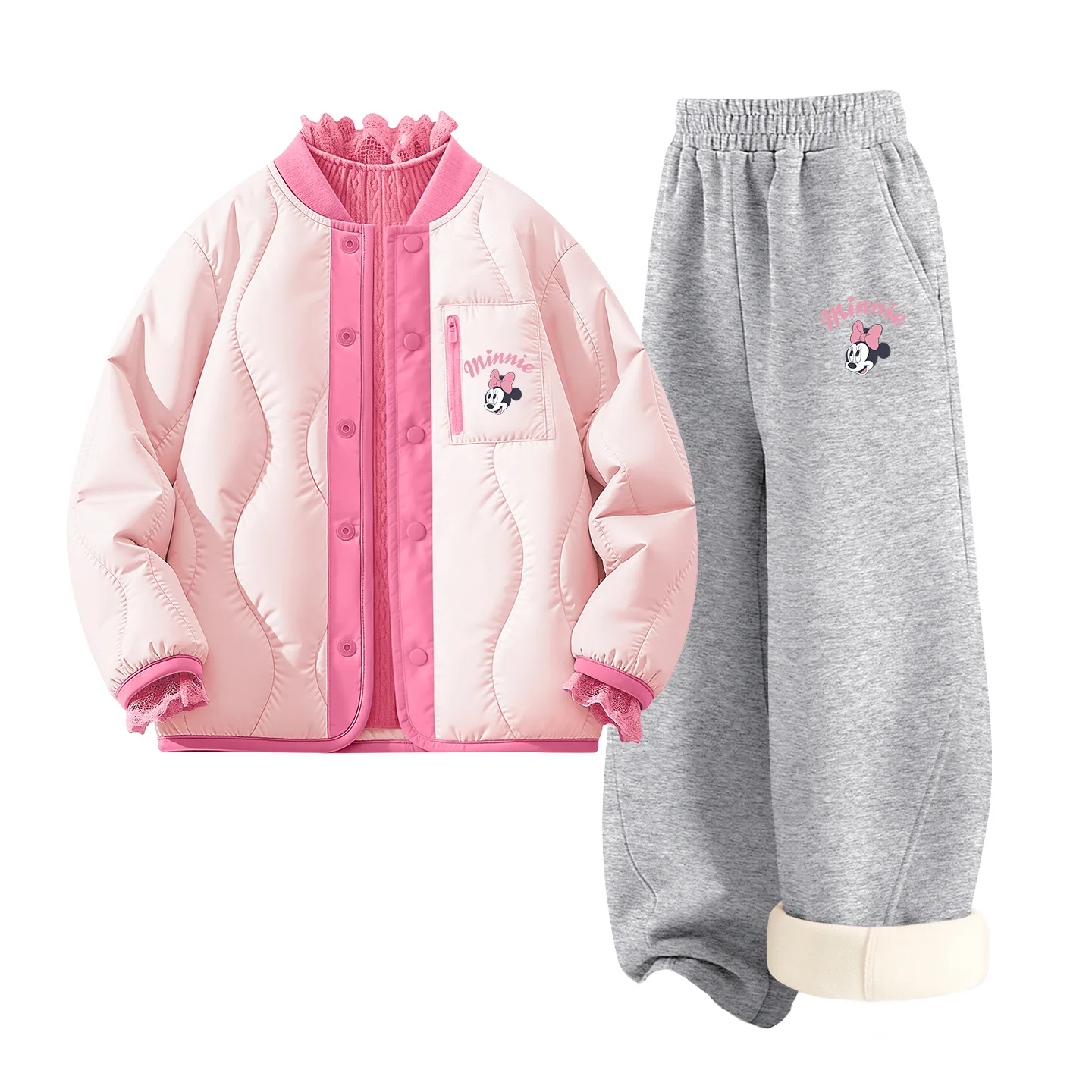 Детская повседневная спортивная футболка с круглым вырезом Disney, [Thickened and Fleece-Lined Three-Piece Set]Silicone Double-Eyed K Firework Pink+Double-Eyed K Heather Gray+Solid Color Rose Red