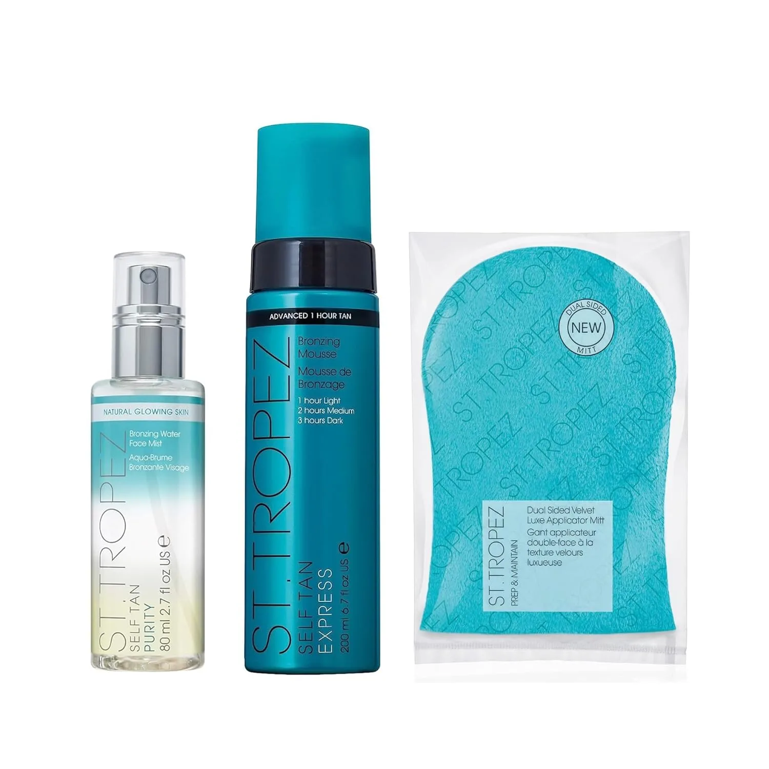 Набор для лица и тела St.Tropez | Express Mousse 200 мл, проявляется за 1-3 часа | Purity Face Mist 80 мл | Двусторонняя Luxe Mitt для ровного загара | Vegan & Cruelty Free