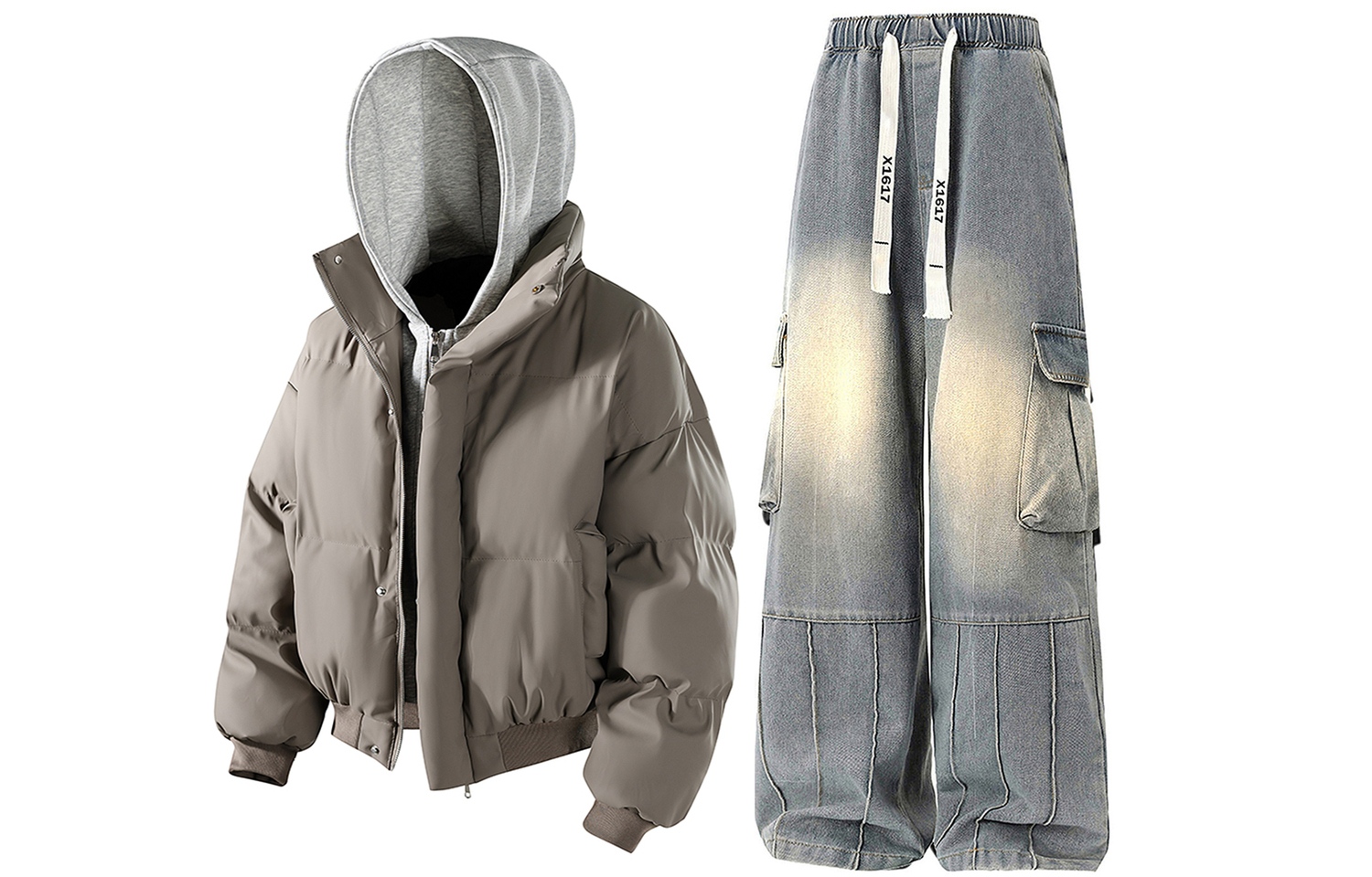 

Повседневный спортивный костюм унисекс с капюшоном, утепленный и с флисовой подкладкой X1617, серый puffer jacket+желтый mud jeans