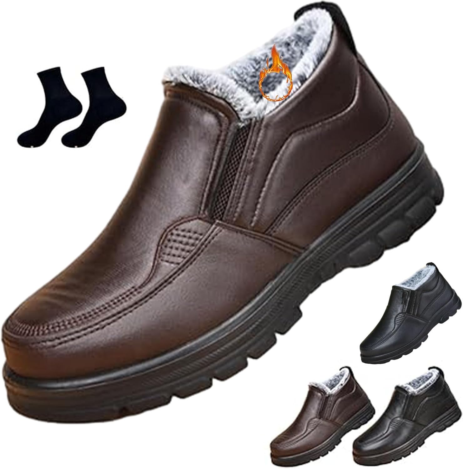 

Мужские теплые лоферы GHTRHSB с меховой подкладкой, уютные кожаные ботинки с мехом, повседневные зимние ботинки-лоферы на ножку, удобные, наружные, противоскользящие, водонепроницаемые зимние ботинки для среднего и пожилого возраста, коричневый