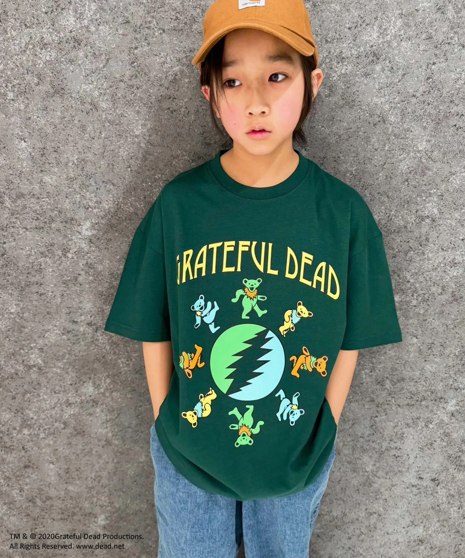 Детская футболка Grateful Dead оверсайз с принтом тёмно-зелёного цвета