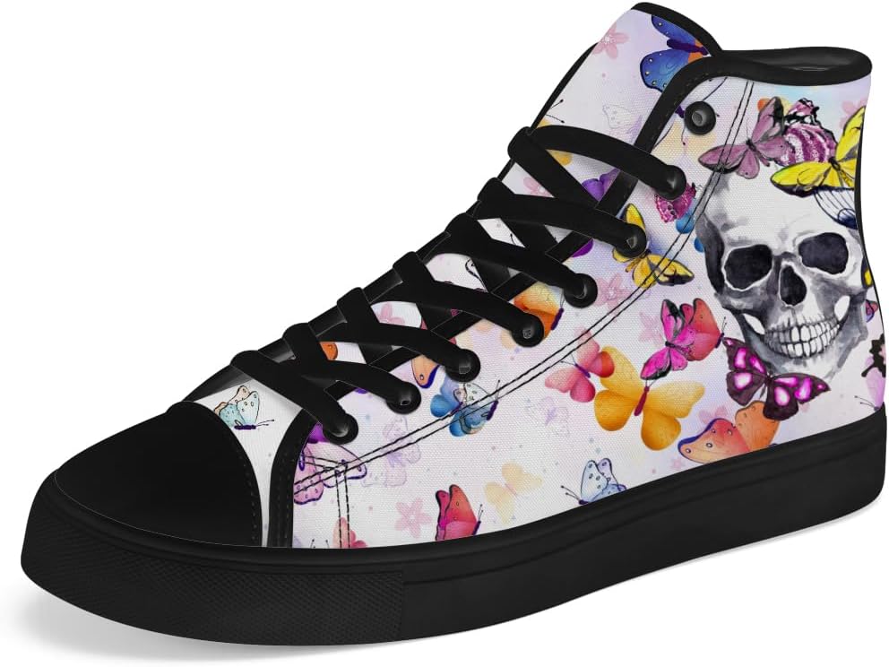 

Высокие кеды с черепом для мужчин и женщин, с принтом бабочки на черепе, на шнуровке, повседневная обувь из холста, подарок для парня или девушки Chebing, белый