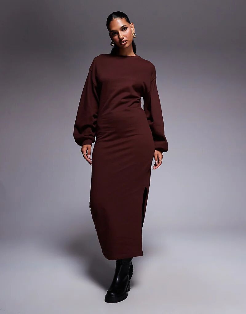 

Платье-свитшот миди из хлопка с рукавами-фонариками ASOS DESIGN шоколадного цвета