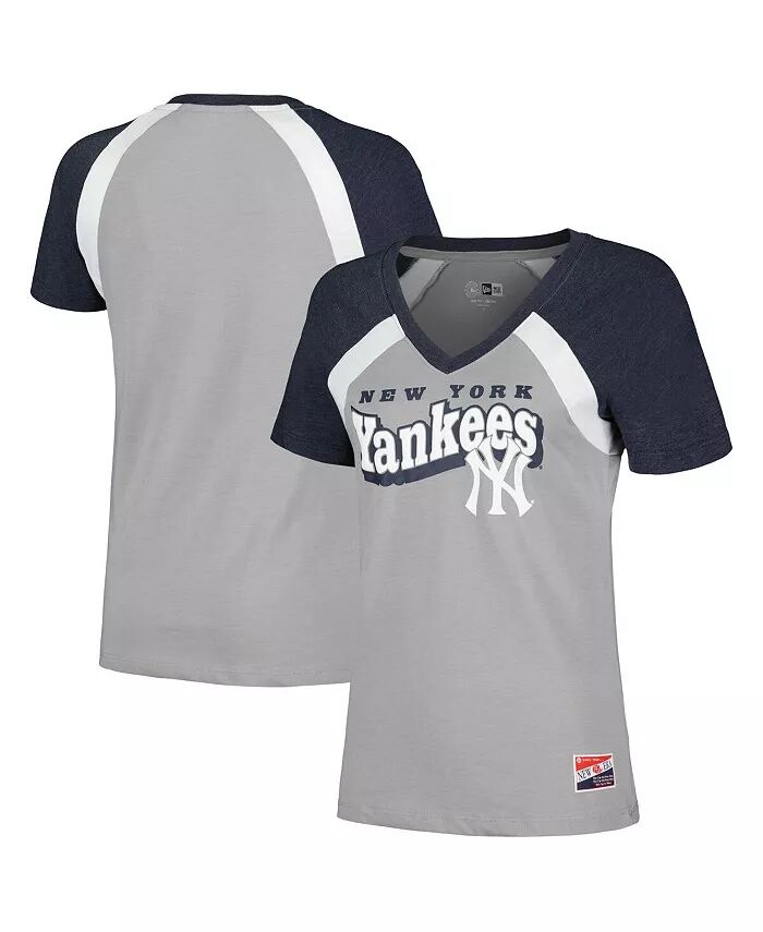 

Женская серая футболка New York Yankees с V-образным вырезом и принтом реглан New Era