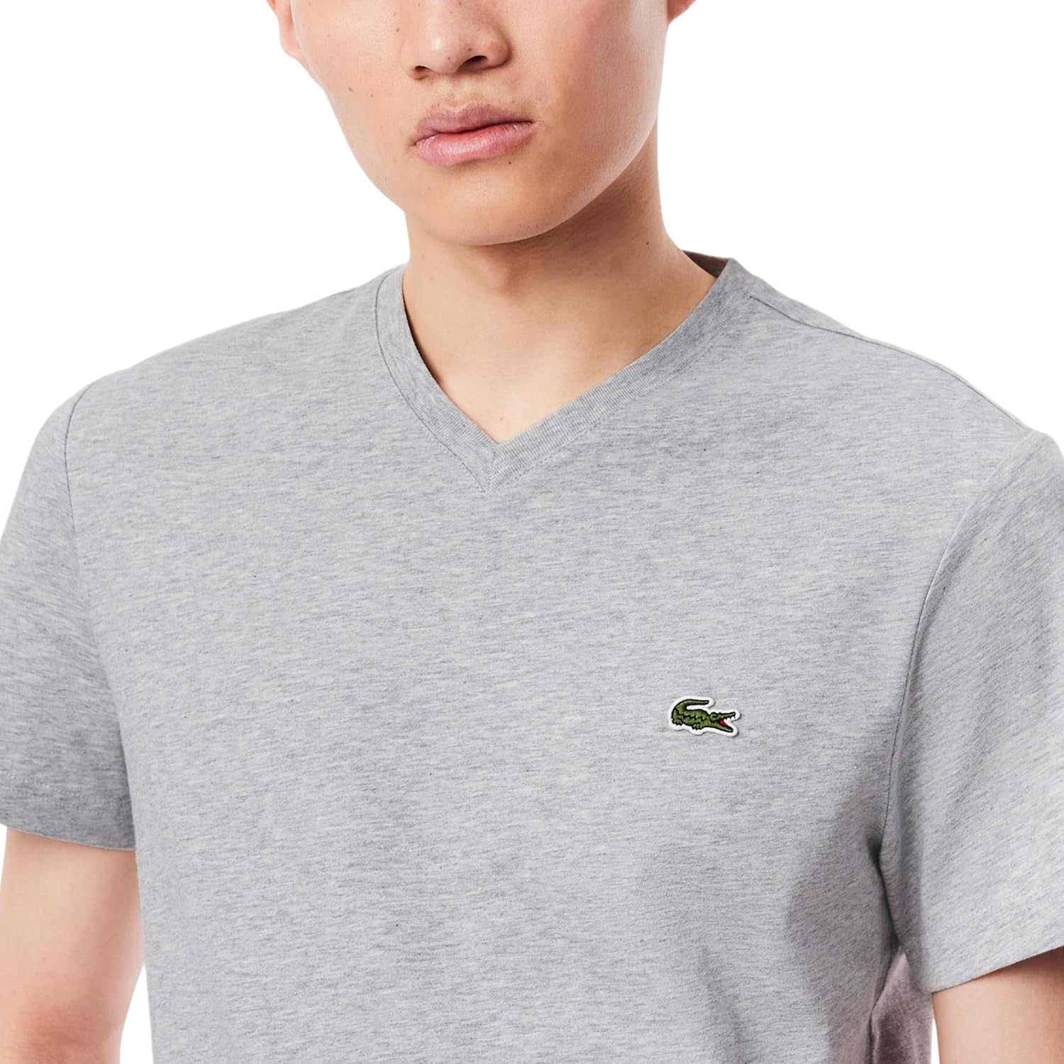Мужская хлопковая футболка Lacoste с V-образным вырезом, Silver Chine — фото 2