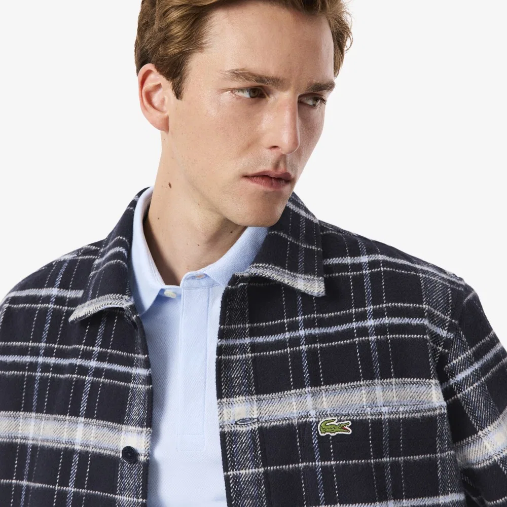 Мужская хлопковая рубашка оверсайз в клетку синяя от Lacoste — фото 3