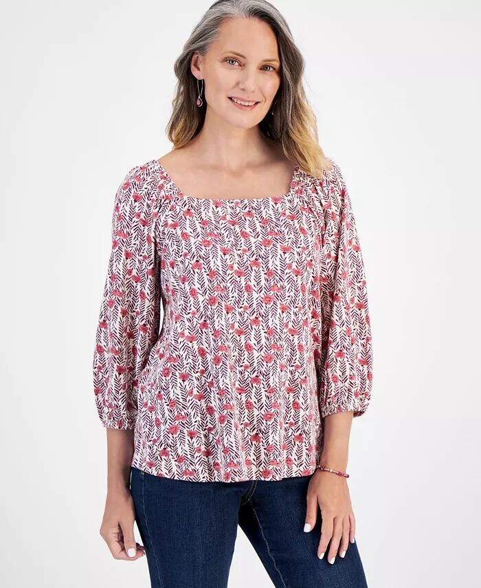 

Миниатюрный топ с квадратным вырезом и рукавами 3/4 Style & Co, мультиколор