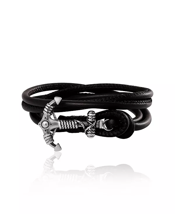 

Мужской черный кожаный браслет-обертка с якорем и регулируемой посадкой Lucky Brand, black/silver