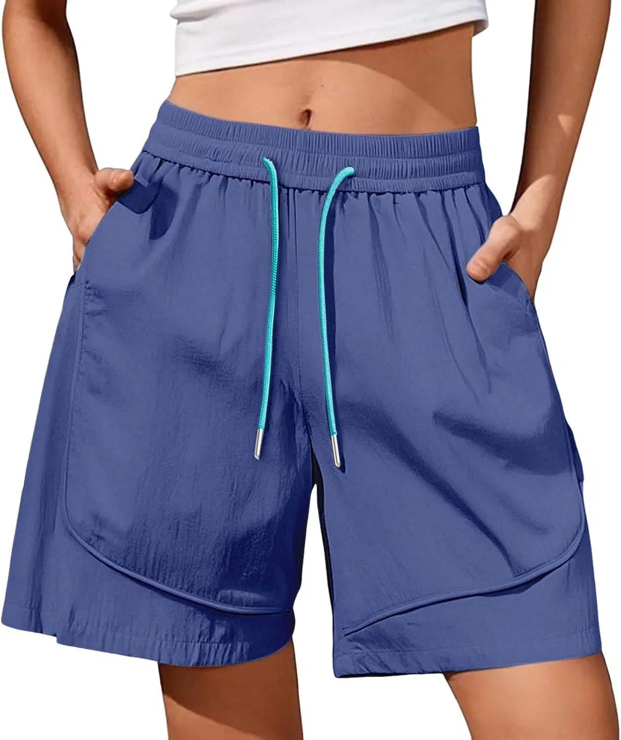 Шорты для женщин High Waisted Drawstring Bermuda, Polyester Ice Silk, Blue