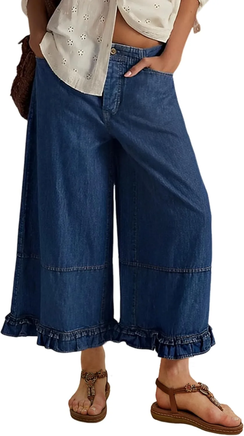 

Dqbeng женские джинсы с рюшами по низу, широкие, укороченные, с карманами