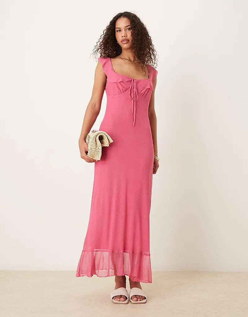 

Платье миди с сетчатой отделкой и двойной оборкой ASOS DESIGN розового цвета