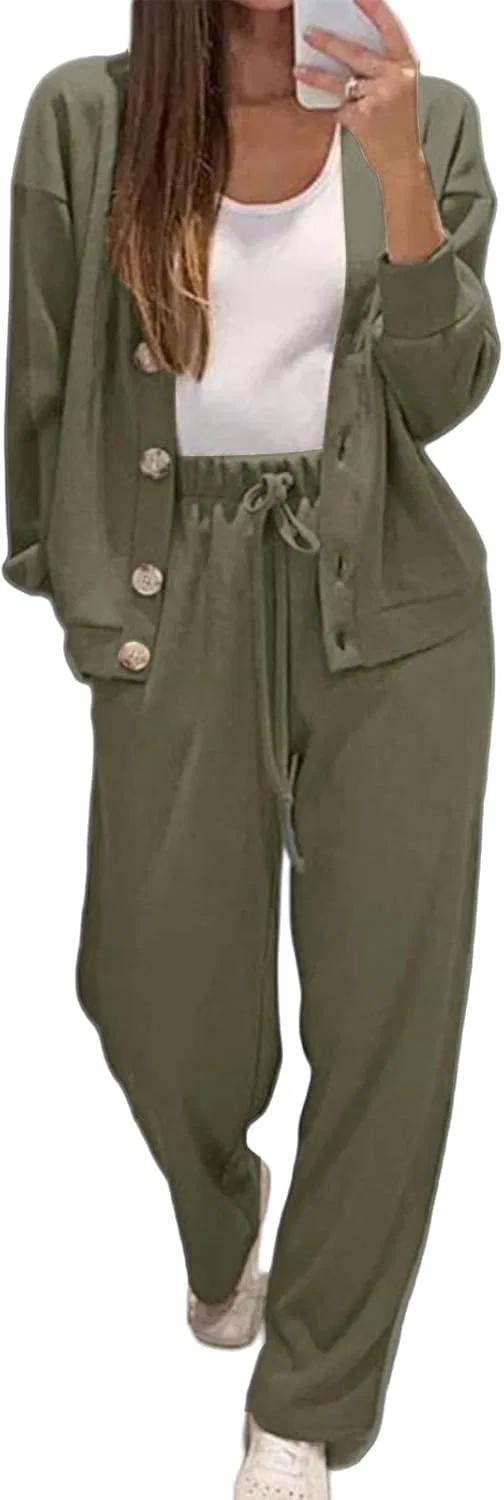 Женский костюм из двух предметов с кардиганом и широкими брюками, Army Green