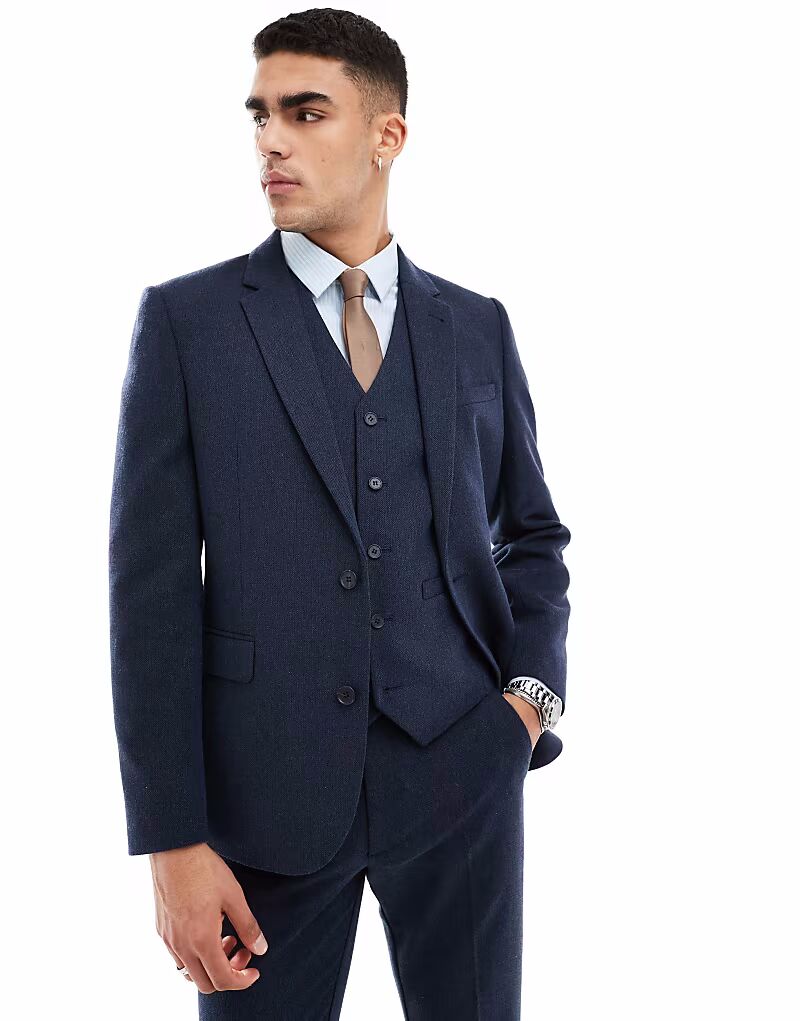

Пиджак ASOS DESIGN slim из смесовой шерсти темно-синего цвета с плетением «рогожка»